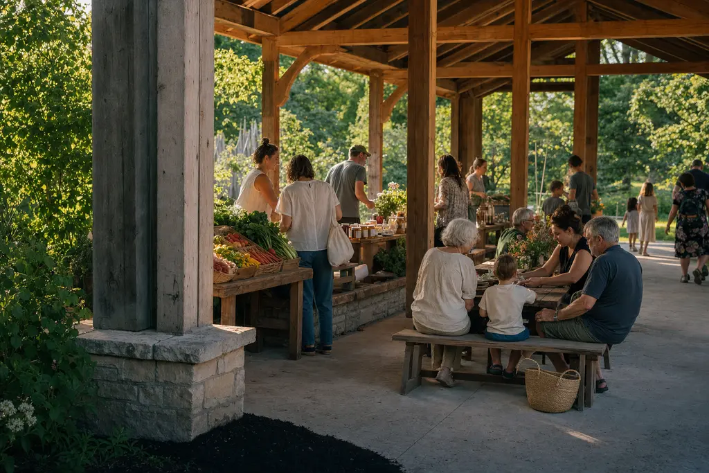 Illustrative concept of a timber market pavilion with local produce stalls and people of several generations gathering