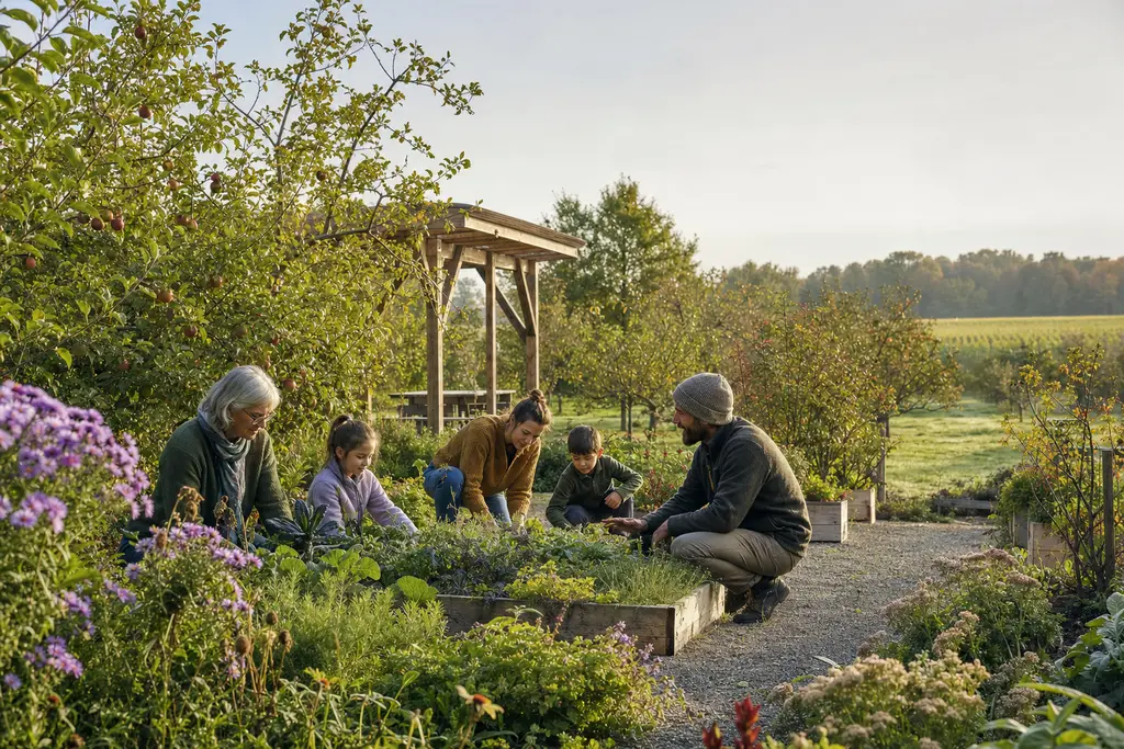Illustrative concept of an orchard learning garden with raised beds, young fruit trees and a timber teaching shelter