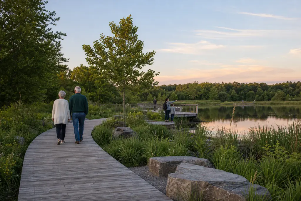 Illustrative concept of a timber boardwalk following a quiet water edge through native wetland planting